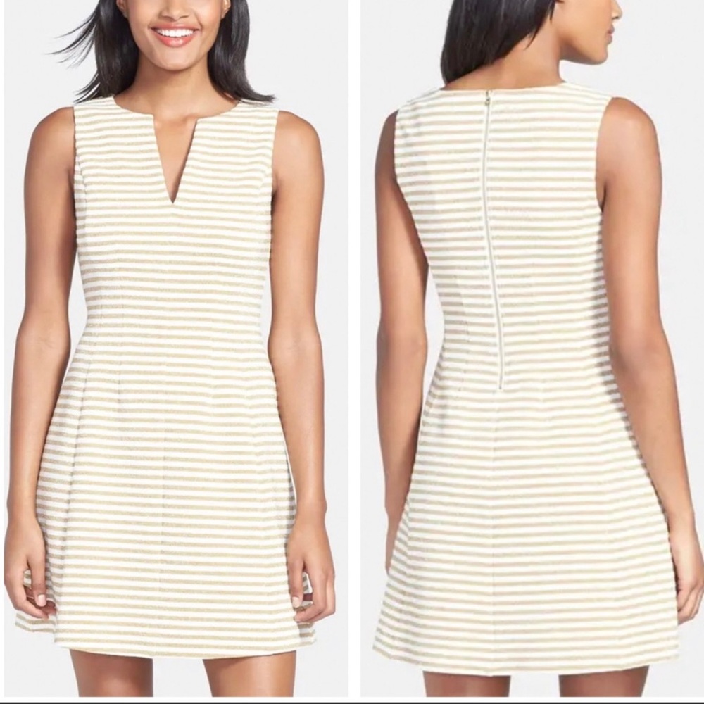 LILY PULITZER BRIELLE METALLIC STRIPE FLARE DRESS TANK DRESS GOLD CREAM